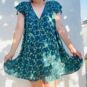 Wild Fable Turquoise Green Loose Floral Print V-Neck Dress, Size L